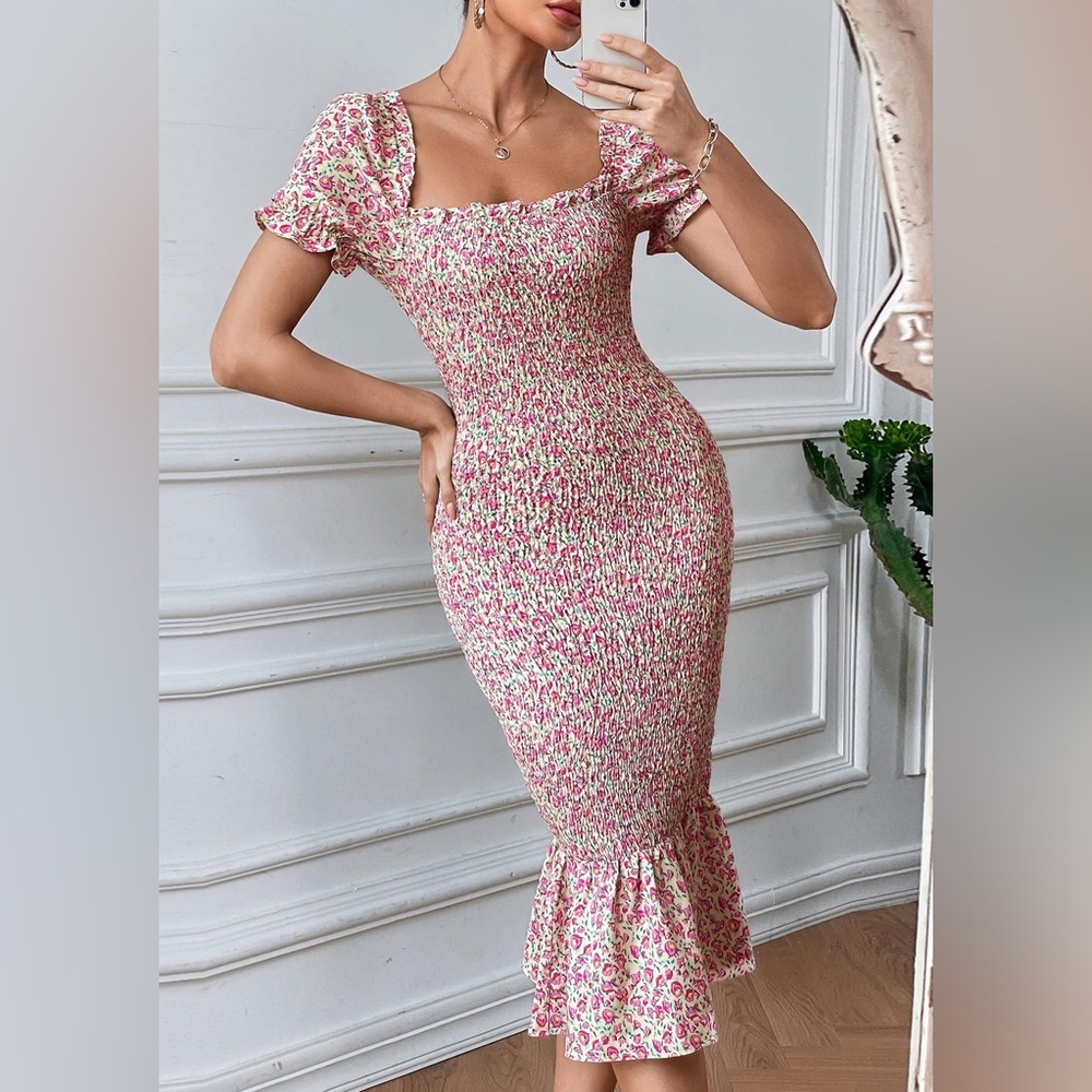 PRETTYGARDEN Midi Dresses Summer Floral Puff Sleeve Mermaid